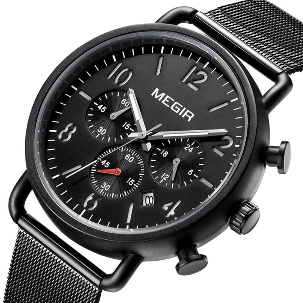 MEGIR Fashion Mens Watches Luxury Sport Quartz Wrist Watch Steel Mesh Business Casual Watches Calendar Leather Band Man Clock 2158
