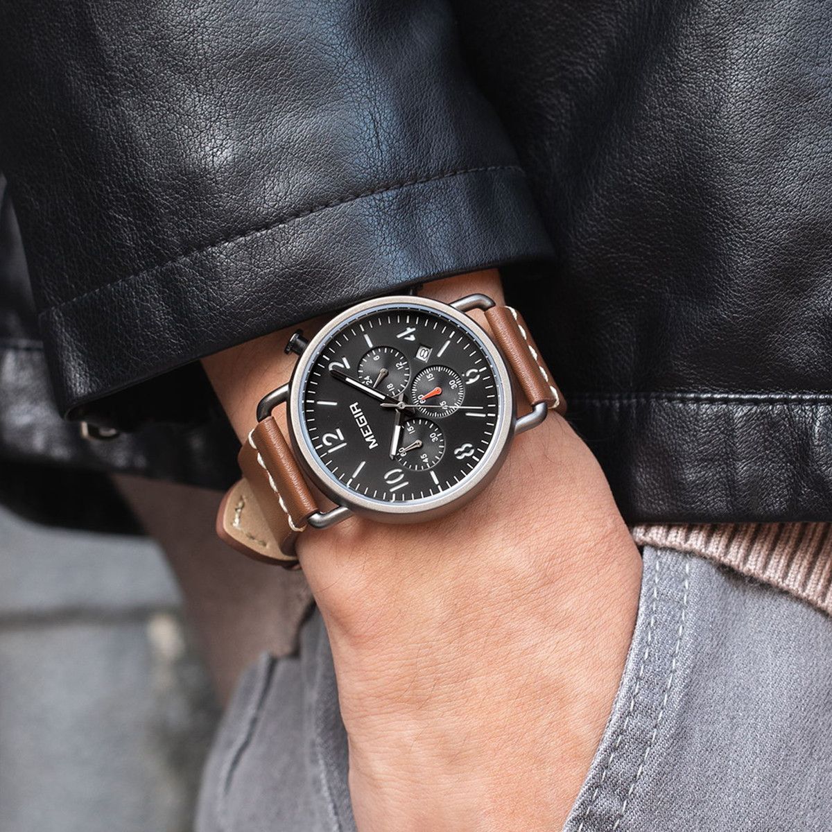 MEGIR Fashion Mens Watches Luxury Sport Quartz Wrist Watch Steel Mesh Business Casual Watches Calendar Leather Band Man Clock 2158