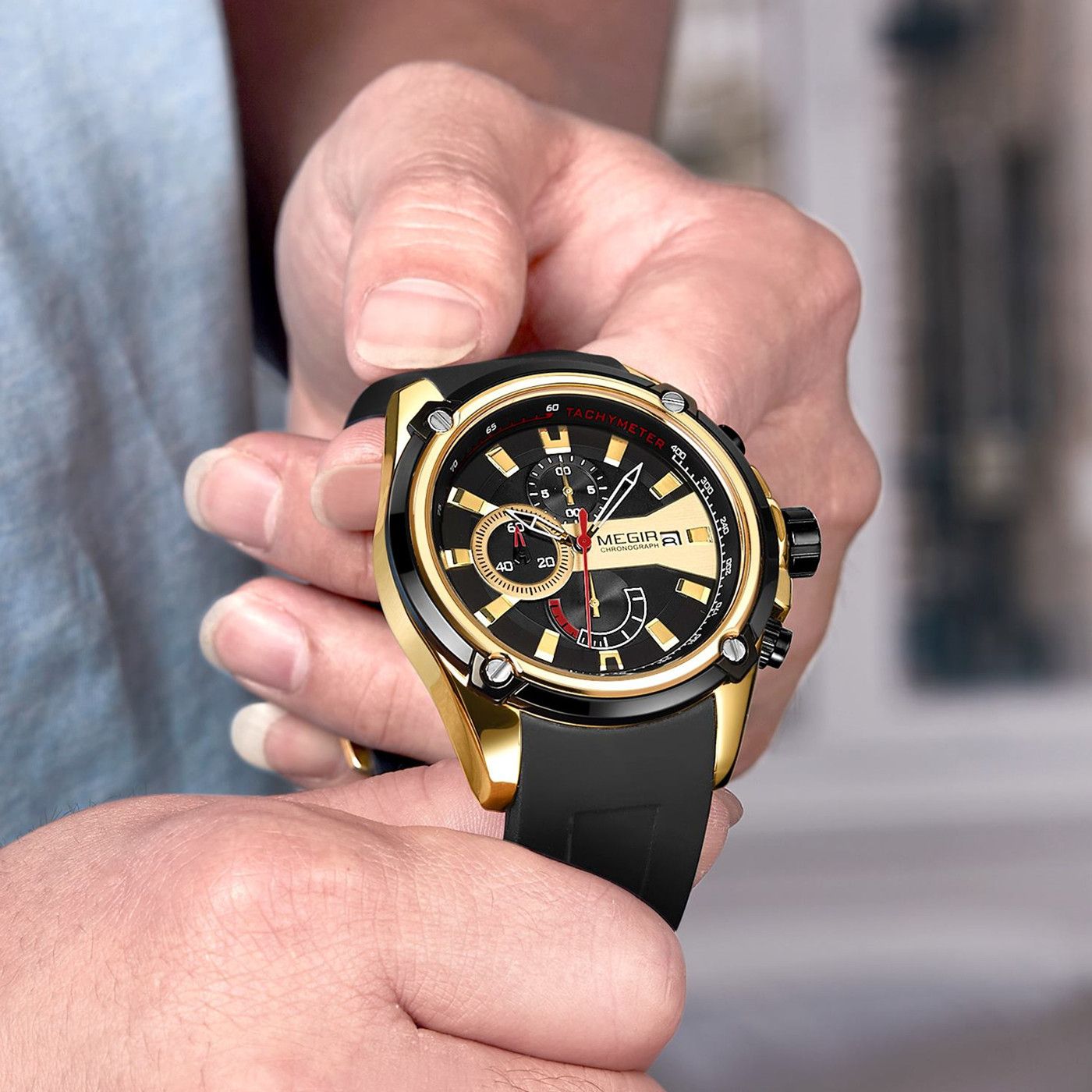 MEGIR Chronograph Luxury Brand Men Sports Watches Silicone Strap Quartz Casual Wristwatch Waterproof Calendar Reloj Hombre 2086-3