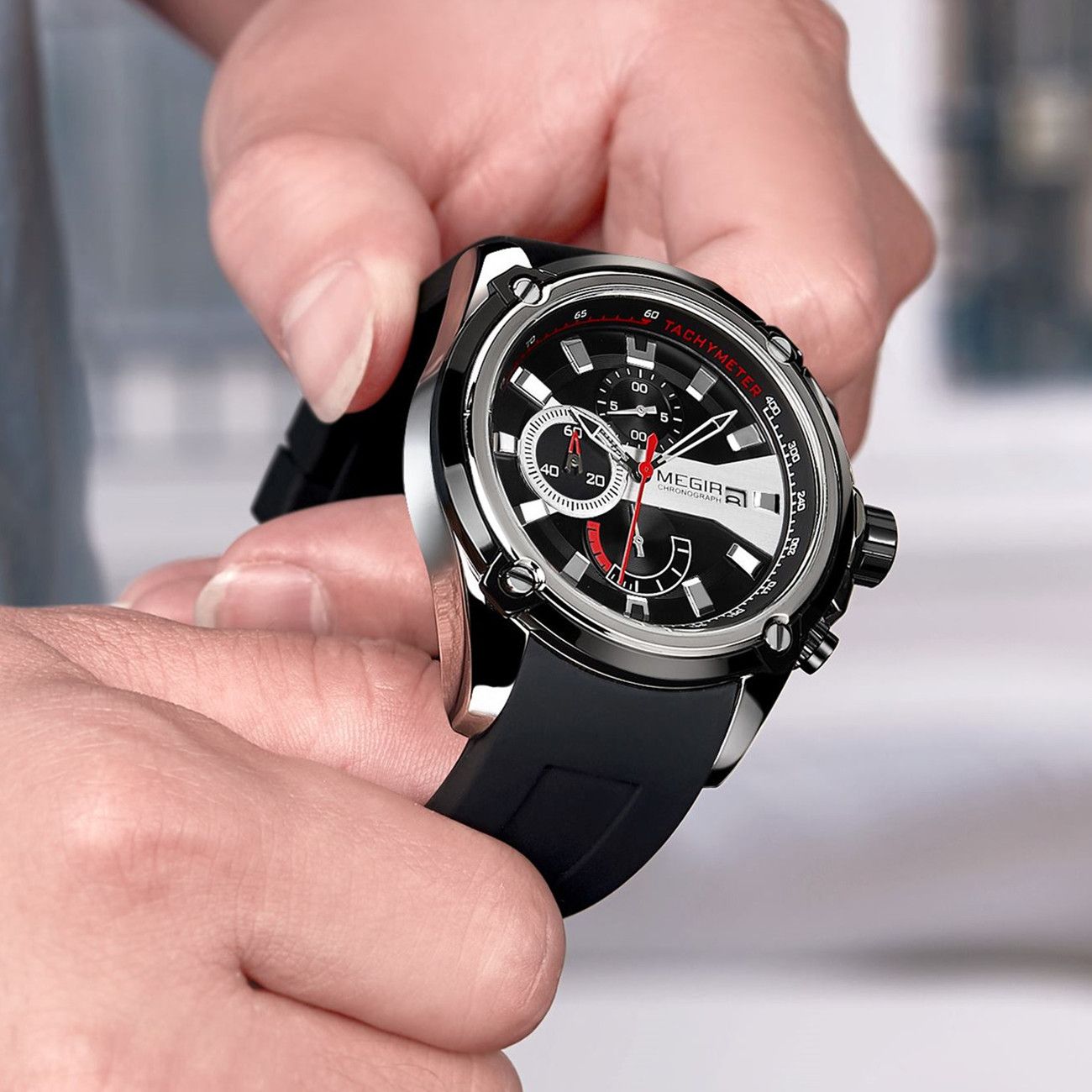 MEGIR Chronograph Luxury Brand Men Sports Watches Silicone Strap Quartz Casual Wristwatch Waterproof Calendar Reloj Hombre 2086-2