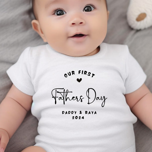 Personalised Our First Fathers Day Baby Outfit: Bib, Vest, Grow-0