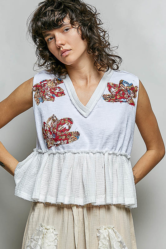 POL Floral Patch Ruffled Sleeveless Top with Raw Edge Detail-0