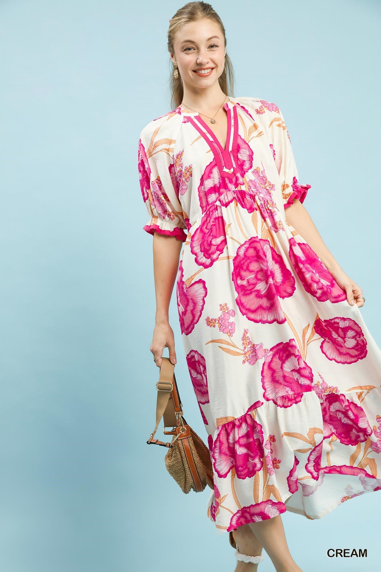 Umgee Floral Print Midi Dress with Contrast Trim-3