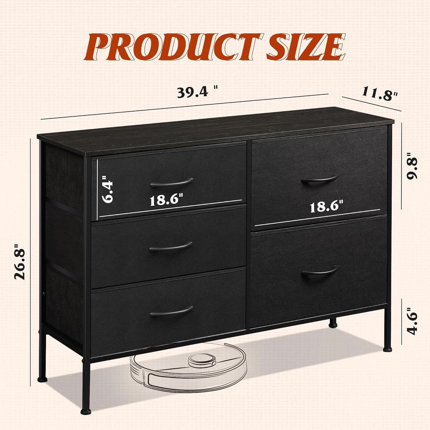 Charcoal Black Fabric Dresser With 5 Drawers For Bedroom Storage-2
