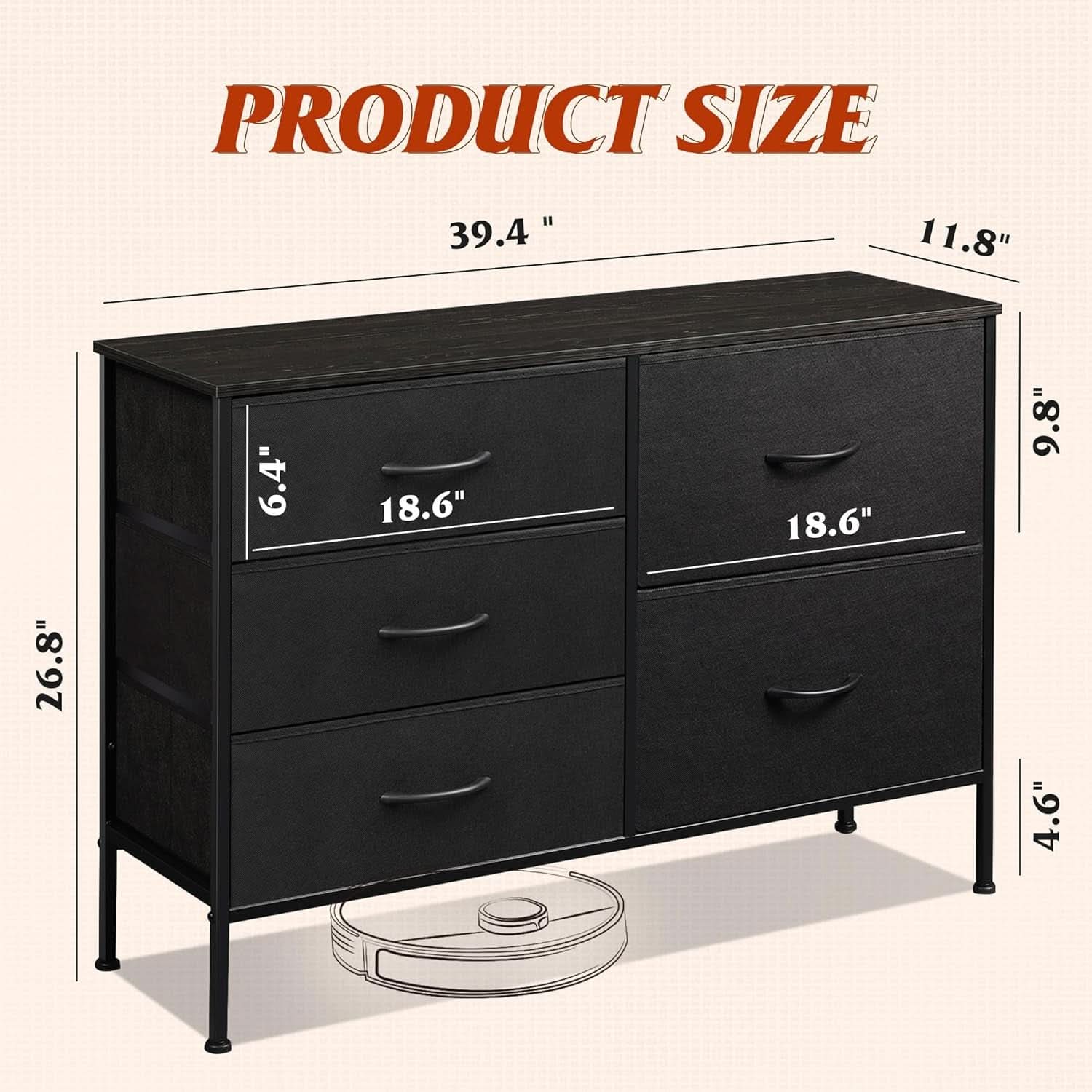 Charcoal Black Fabric Dresser With 5 Drawers For Bedroom Storage-2