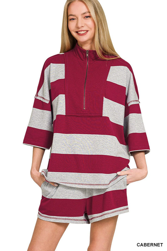 Zenana Frenchterry Striped Half Zip Top & Shorts Set-1