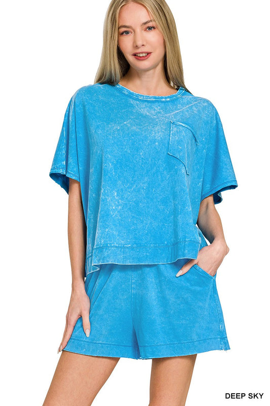 Zenana Acid Washed Oversized Top & Shorts Set-0