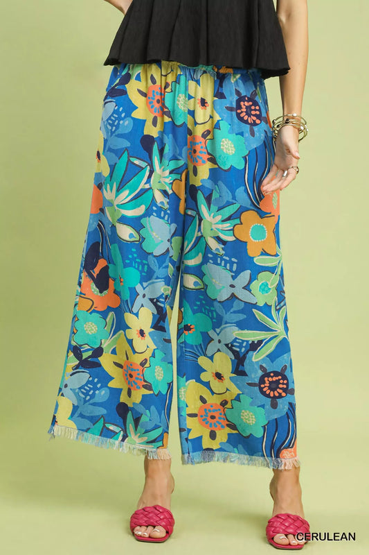 Umgee Floral Print Wide Leg Pants-0