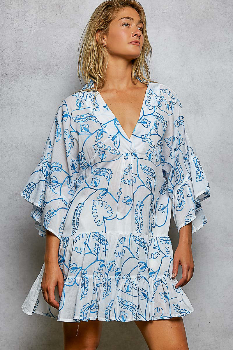 POL Tiered Ruffled Printed 3/4 Sleeve Mini Dress-0