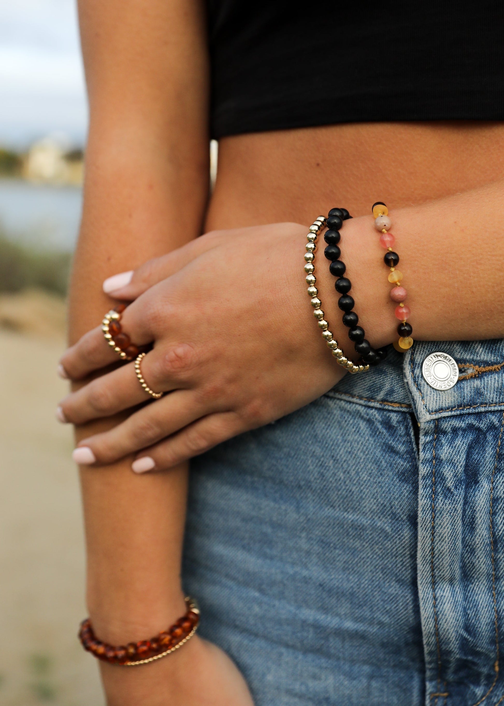Raw Honey Baltic Sea Amber : Smokey Quartz + Rhodonite|| Anklet or Bracelet-1