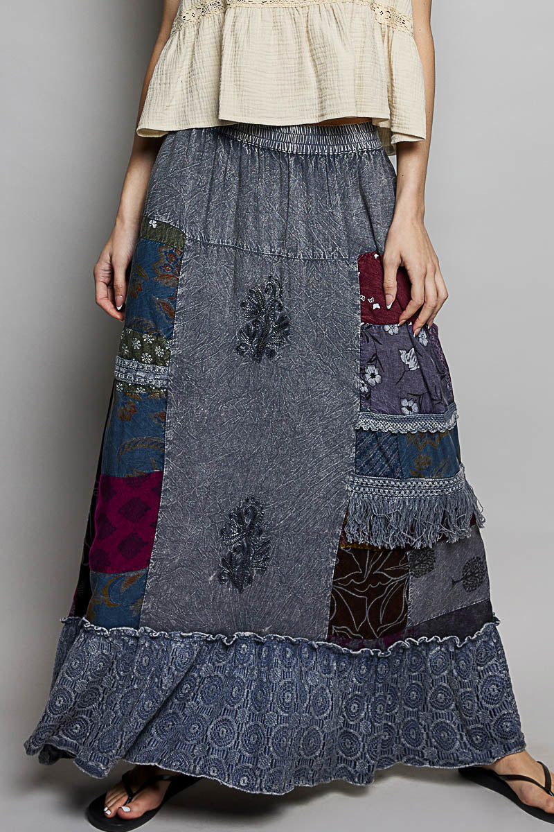 POL Printed Patchwork Embroidered Ruffled Skirt-0