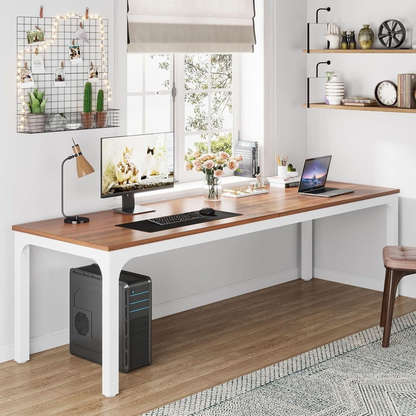 78.7 Inch Extra Long Computer Desk For Two Walnut White-2