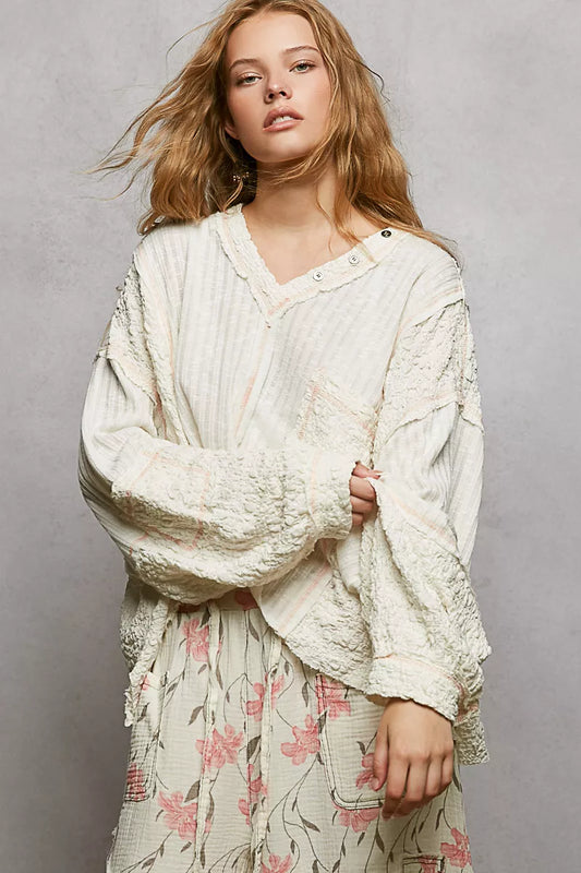 POL V-Neck Long Sleeve Top with Stitch Detail-0
