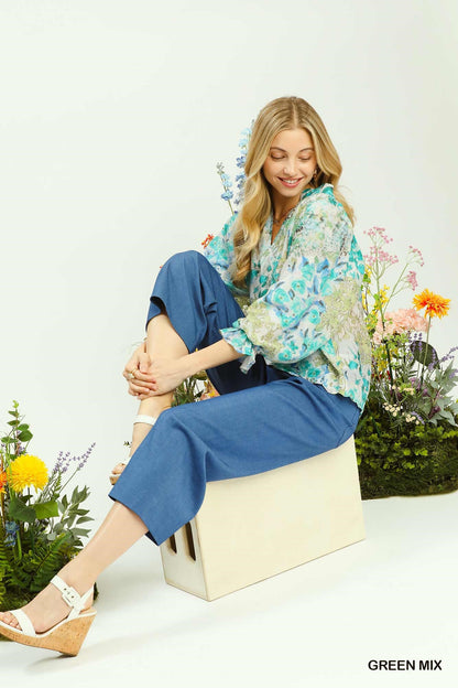 Umgee Watercolor Floral Blouse with Flounce Sleeve-3