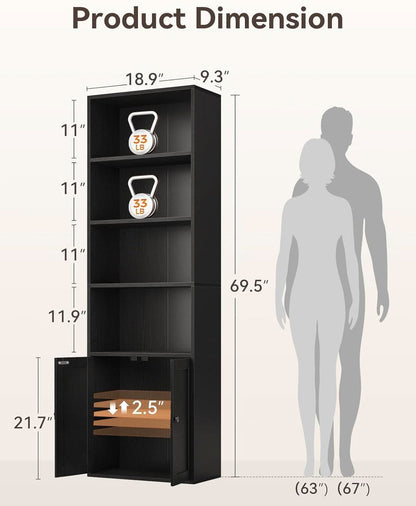 Black Six Tier Floor Standing Bookshelf With Doors-2