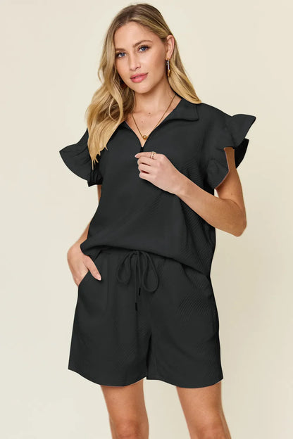Double Take Full Size Texture Flounce Sleeve Top and Drawstring Shorts Set-7
