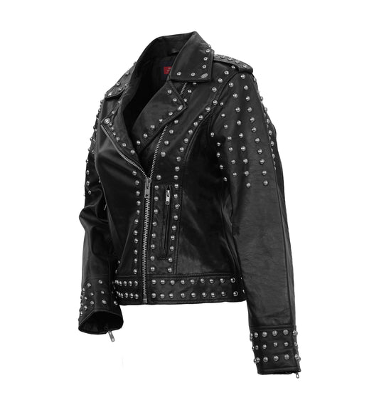 Afaaf Women’s Black Lambskin Leather Jacket Studded Biker Style-1