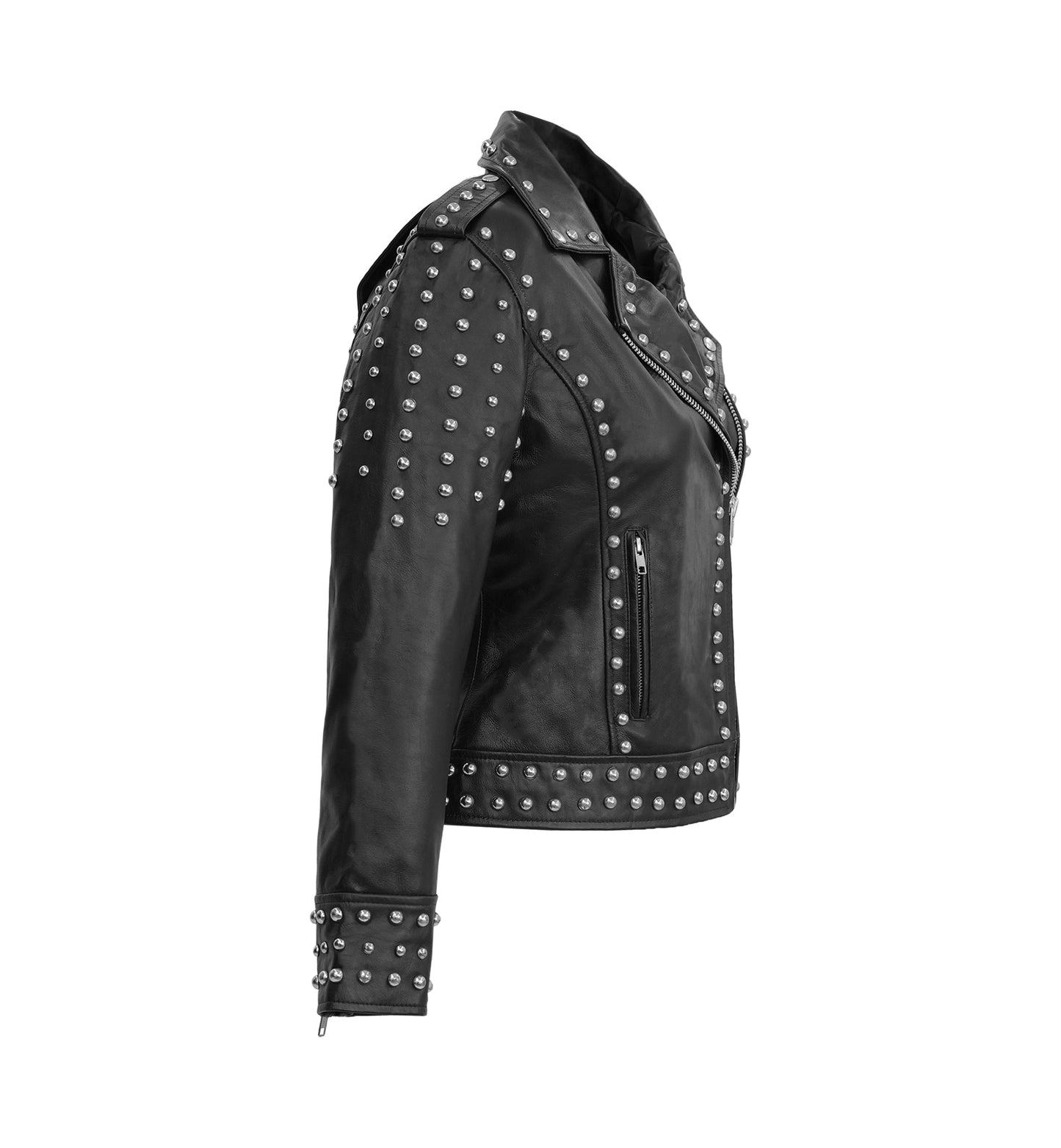 Afaaf Women’s Black Lambskin Leather Jacket Studded Biker Style-2