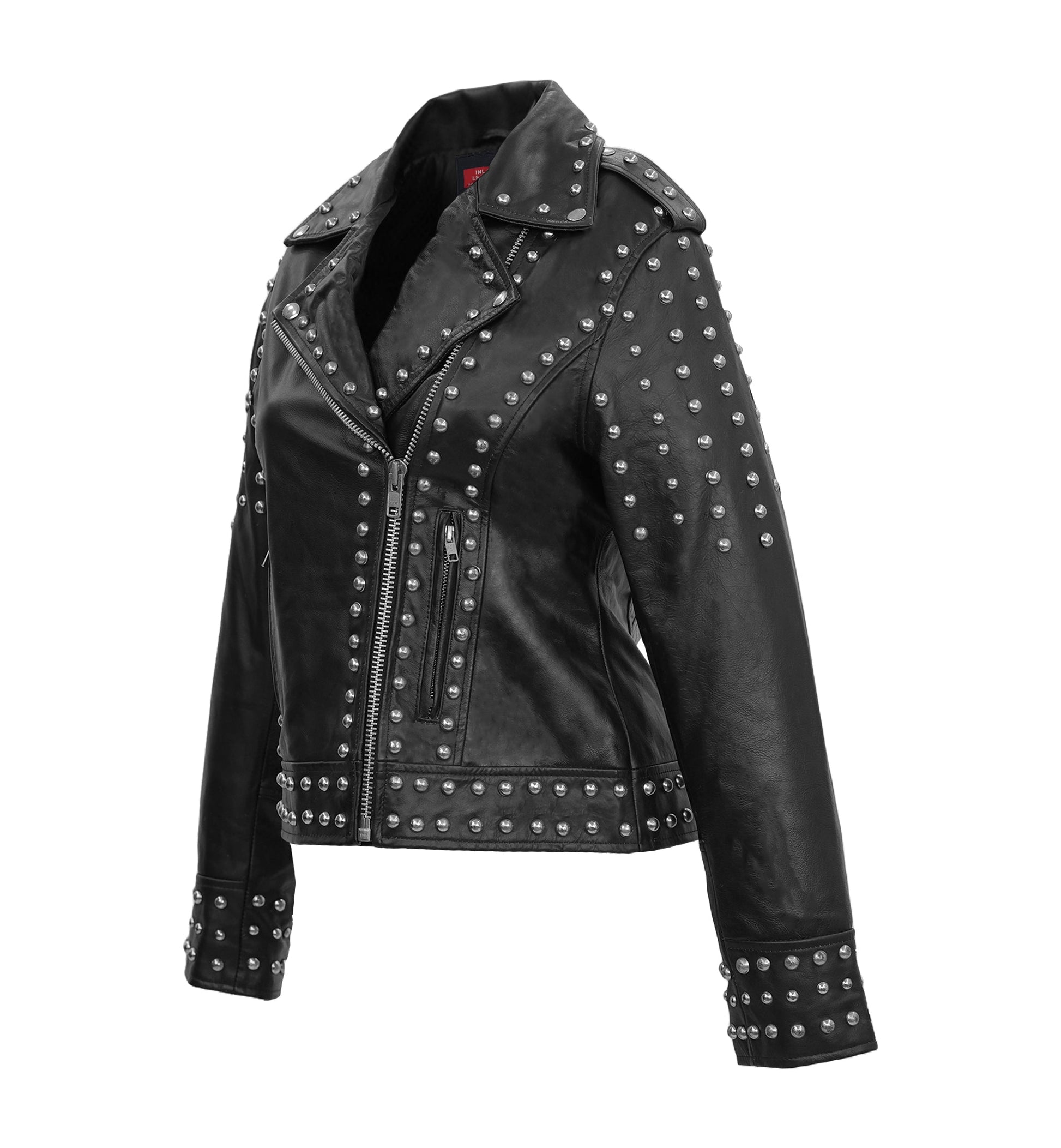 Afaaf Women’s Black Lambskin Leather Jacket Studded Biker Style-3