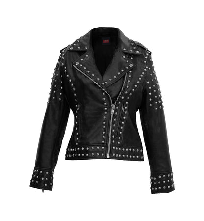 Afaaf Women’s Black Lambskin Leather Jacket Studded Biker Style-0