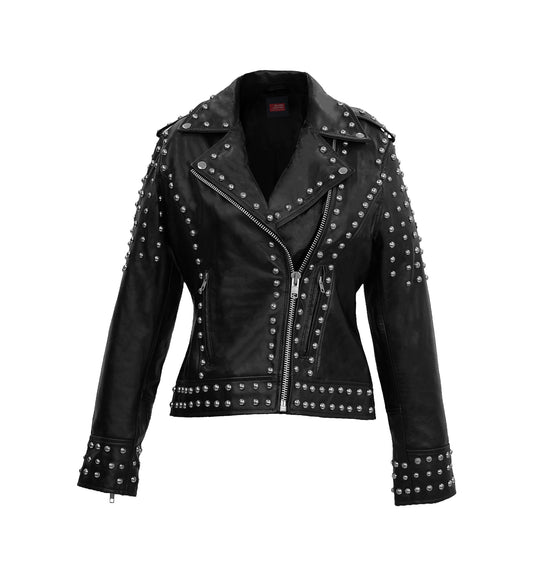 Afaaf Women’s Black Lambskin Leather Jacket Studded Biker Style-0