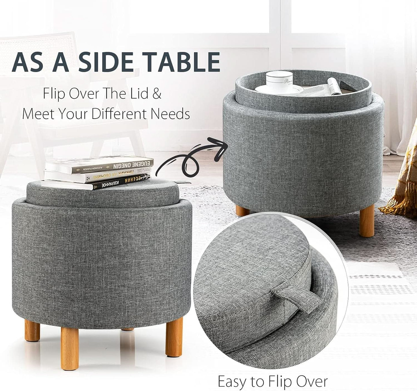 Grey Premium Microfiber Storage Ottoman Large Tray-4