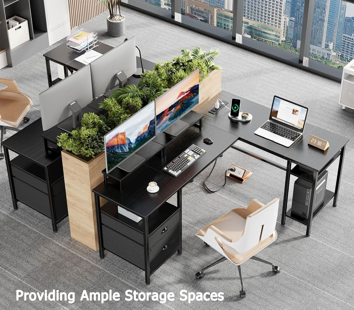 Fifty Nine Inch L Shaped Desk With Black Storage Drawers Unit-4