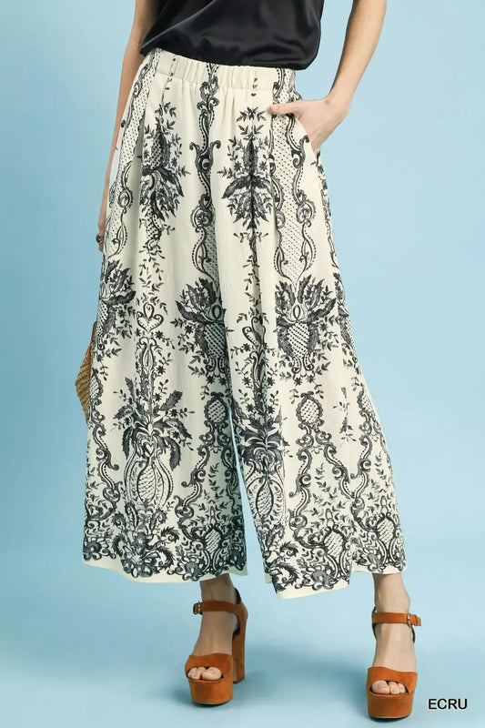 Umgee Border Print Wide Leg Pants-0