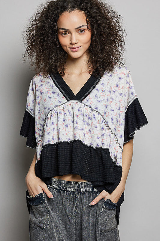 POL Floral Print V-Neck Woven Blouse with Gentle Gathers-1