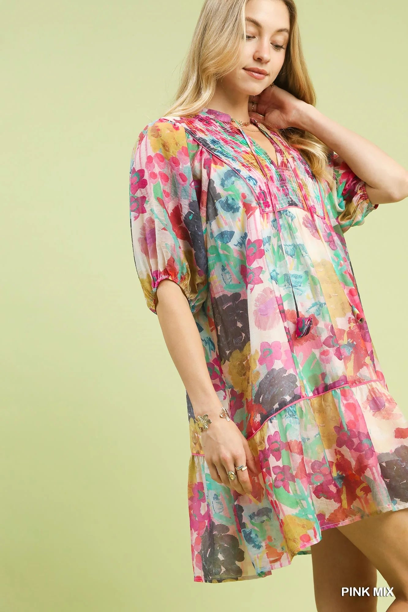 Umgee Mix Watercolor Floral Babydoll Dress-1