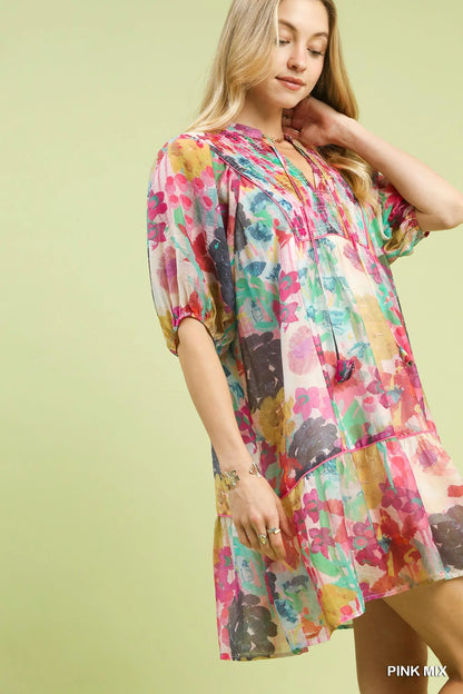 Umgee Mix Watercolor Floral Babydoll Dress-1