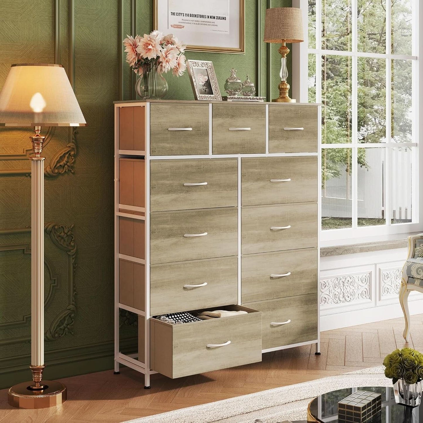 Tall Fabric Dresser Storage Tower 11 Drawer Greige Bedroom-1
