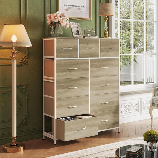 Tall Fabric Dresser Storage Tower 11 Drawer Greige Bedroom-1