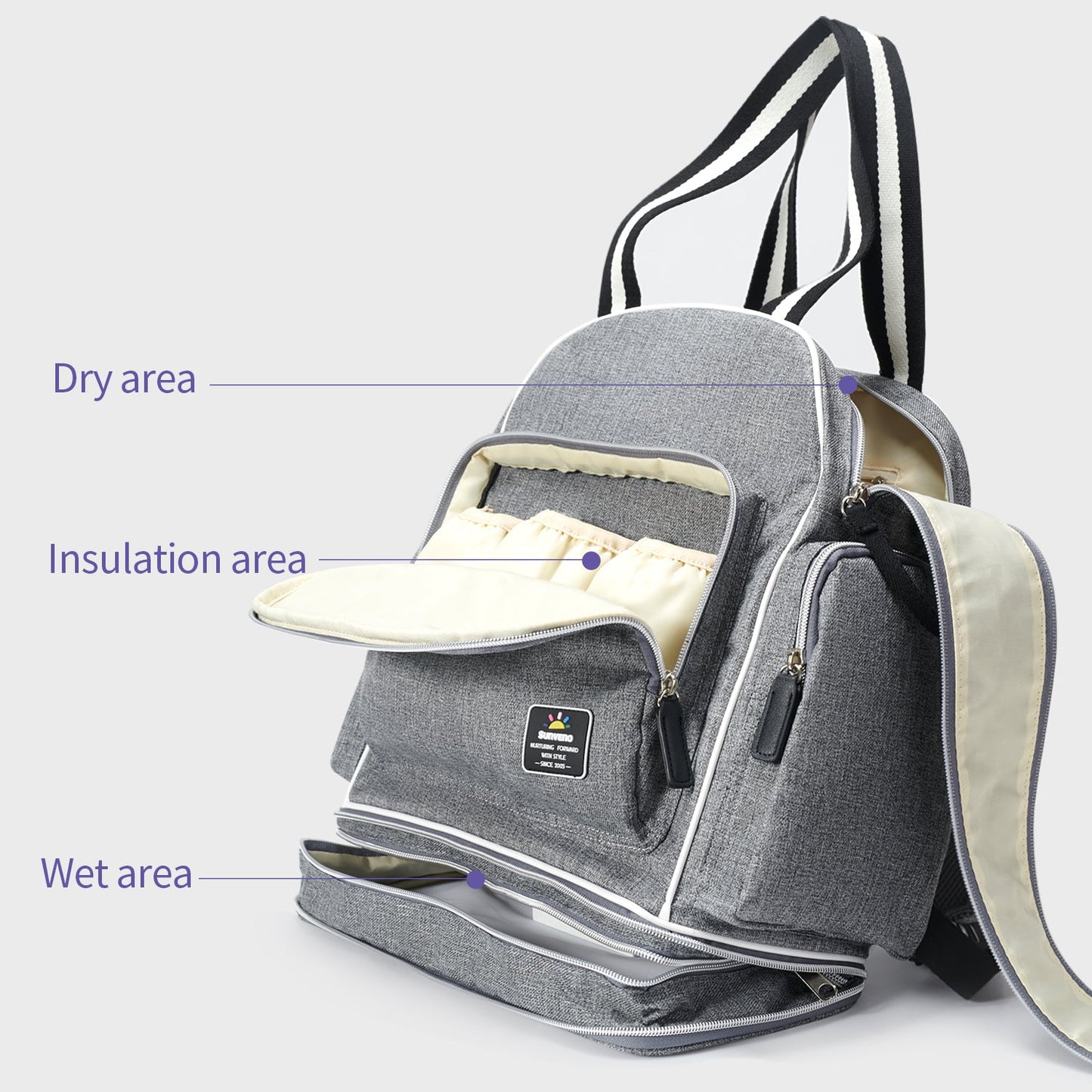 SUNVENO expanding diaper backpack with 13 pockets, spacious and organized diaper bag for parents with baby essentials.