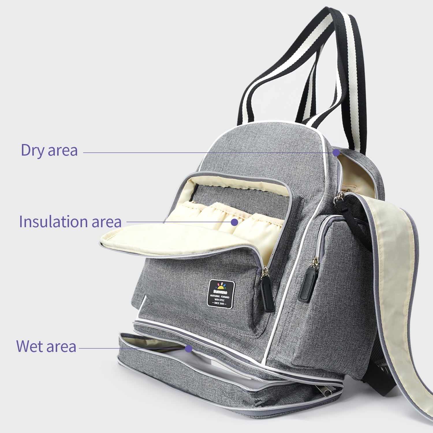 SUNVENO expanding diaper backpack with 13 pockets, spacious and organized diaper bag for parents with baby essentials.