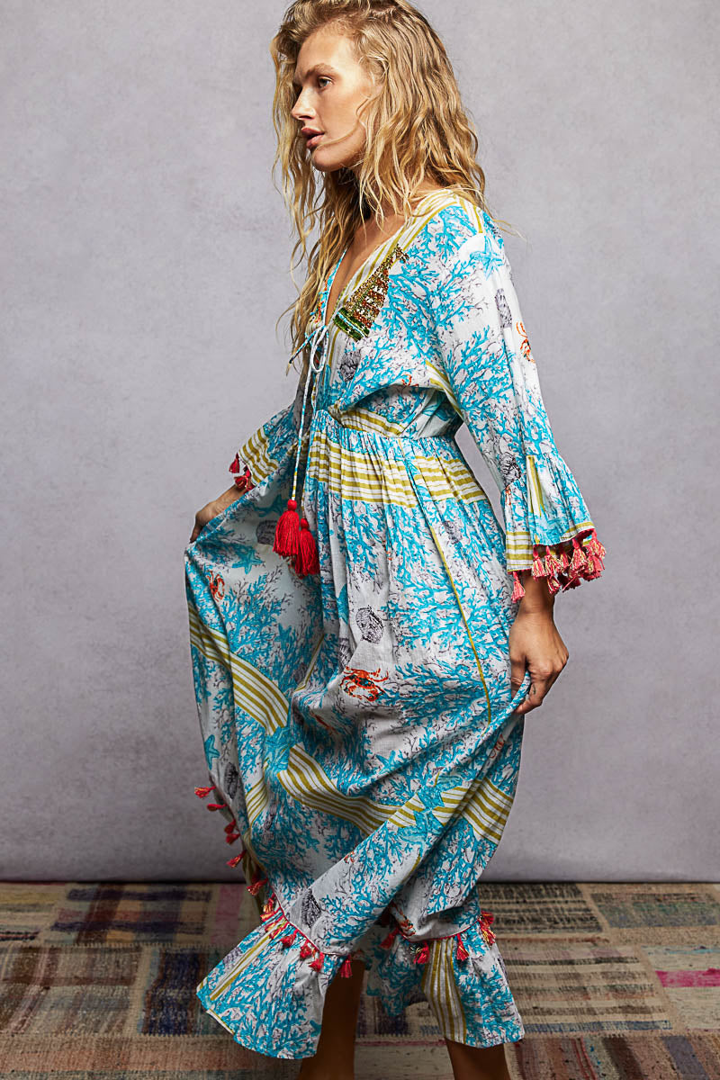 POL Bohemian Print Tassel Trim Maxi Dress-3