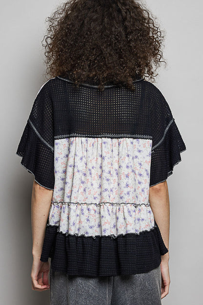 POL Floral Print V-Neck Woven Blouse with Gentle Gathers-3
