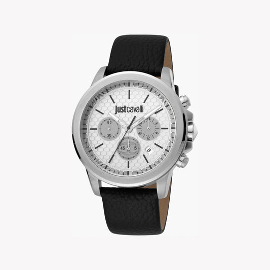 Just Cavalli Men's Black Leather Watch, Silver Dial | Jc1g140l0015-0