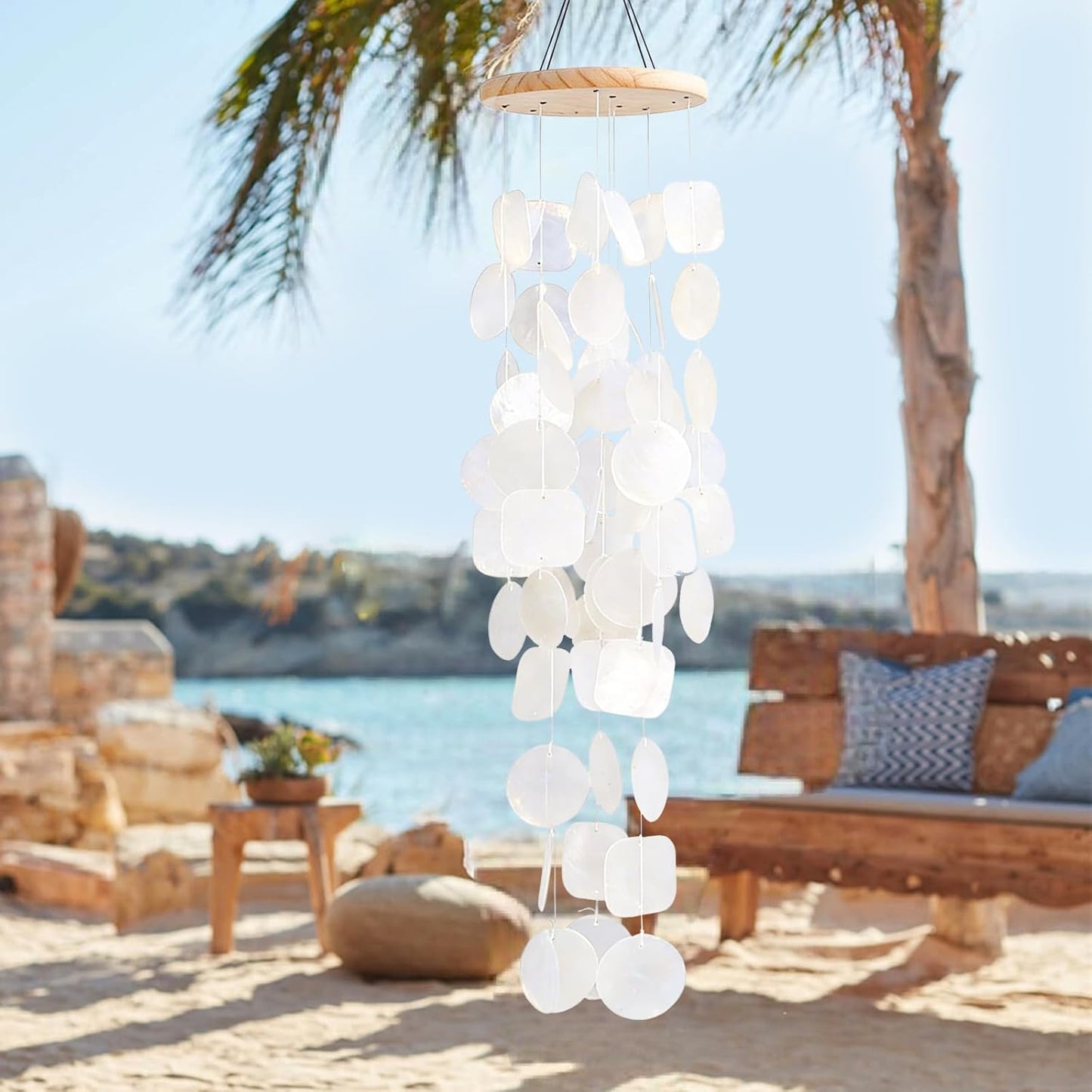 White Seashell Glass Wind Chimes 28"-0