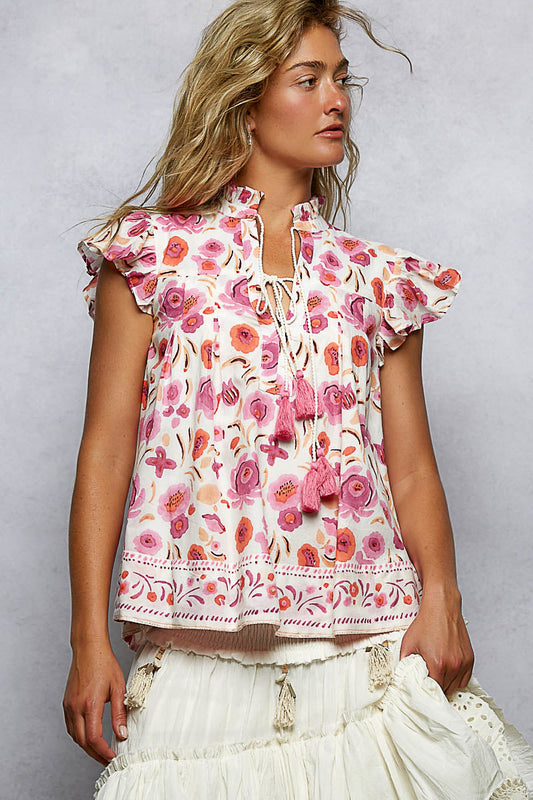 POL Tassel Tied Floral Flutter Sleeve Blouse-0