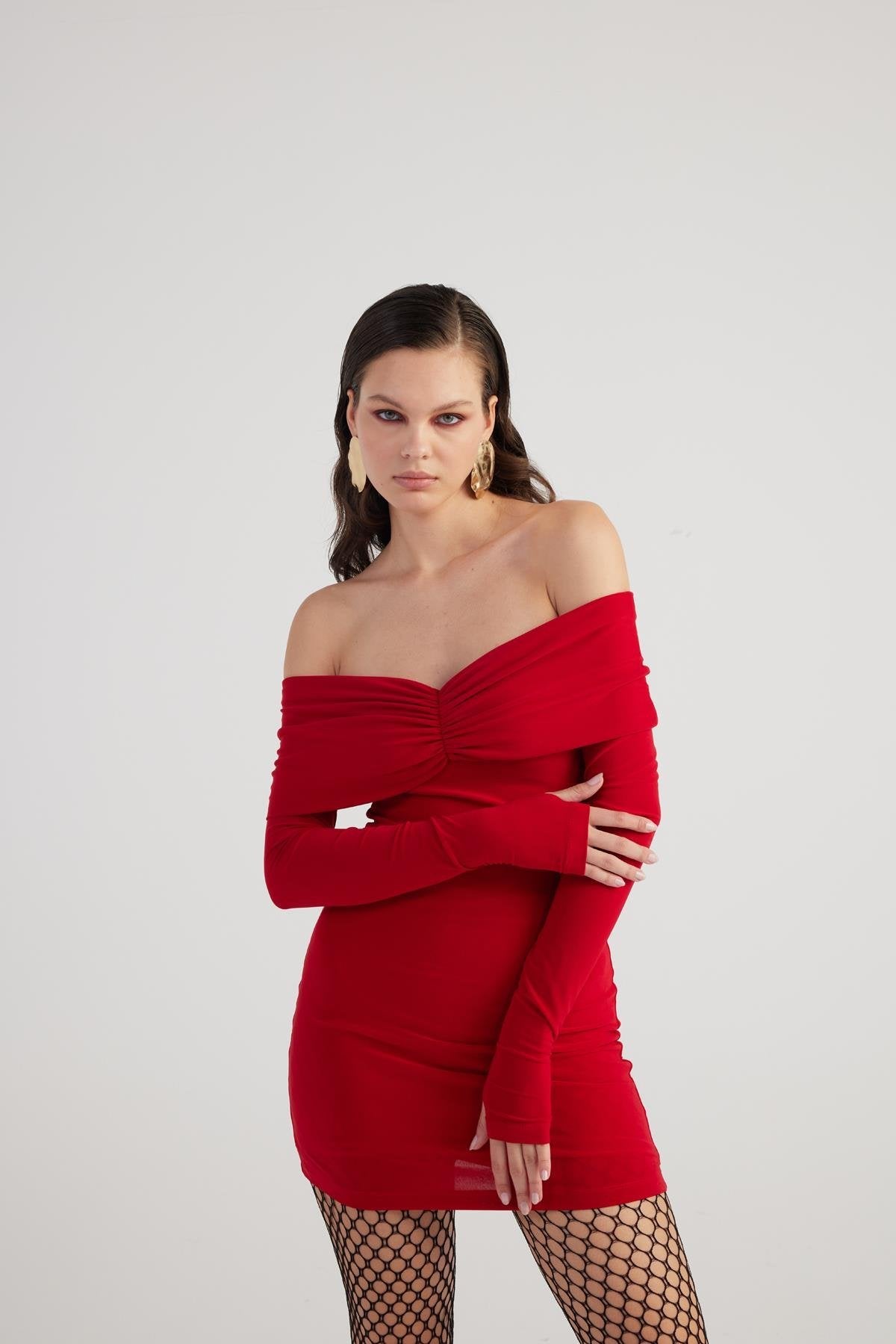 Dreamer Red Bardot Neck Mini Dress-4