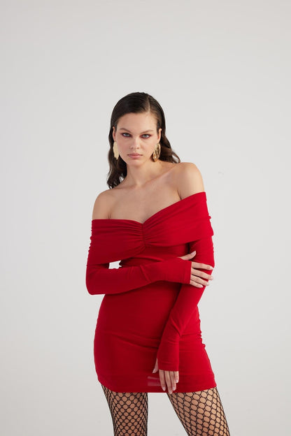 Dreamer Red Bardot Neck Mini Dress-4