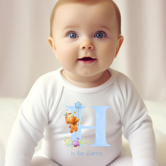 Personalised Blue Initial with Teddy Baby Outfit: Bib, Vest, Grow-0
