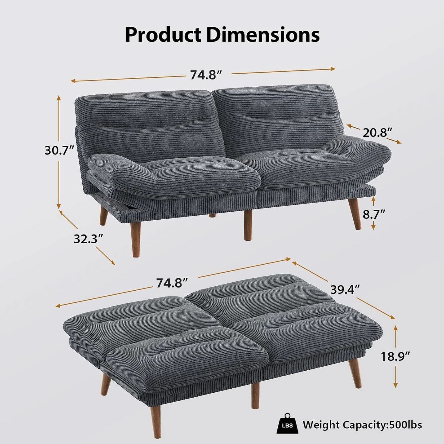 Corduroy Grey 73In Adjustable Backrest Futon SofaBed-1