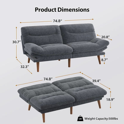 Corduroy Grey 73In Adjustable Backrest Futon SofaBed-1