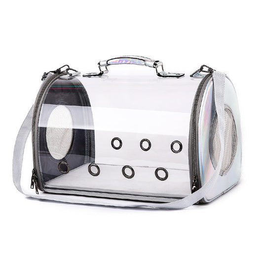 Transparent pet carrier with ventilation panels and side entry doors, designed for safe and comfortable pet transportation by Woof & Meow.