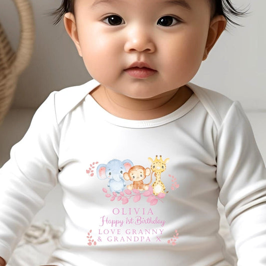 Personalised Animals Girls Birthday Baby Outfit: Bib, Vest, Grow-0