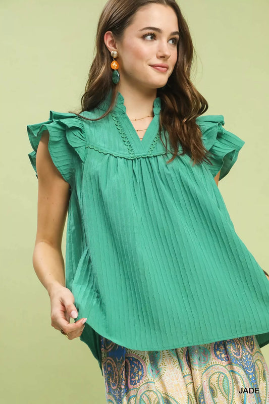 Umgee Ruffle Sleeve Textured Babydoll Blouse-0