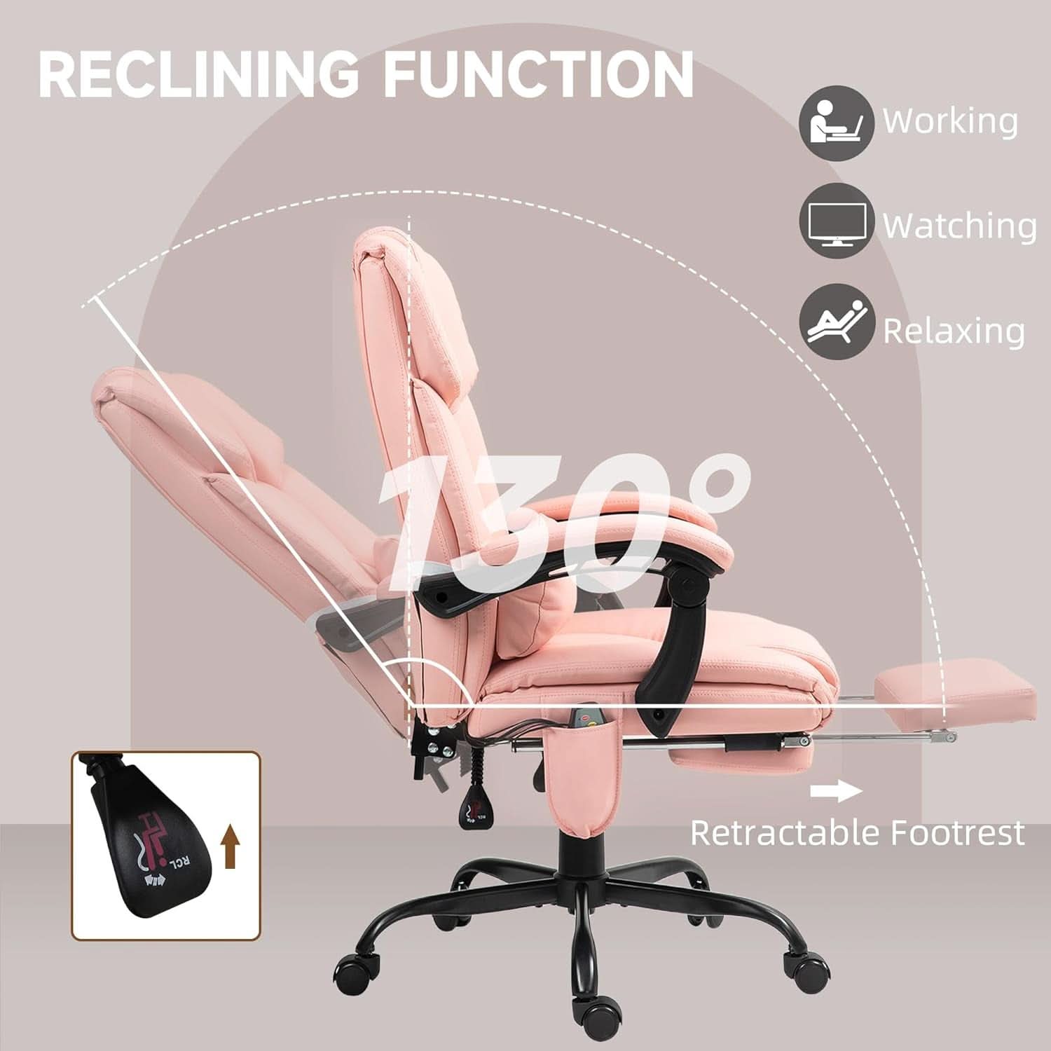 Pink Massage Office Chair With 6 Vibration Points Footrest-4
