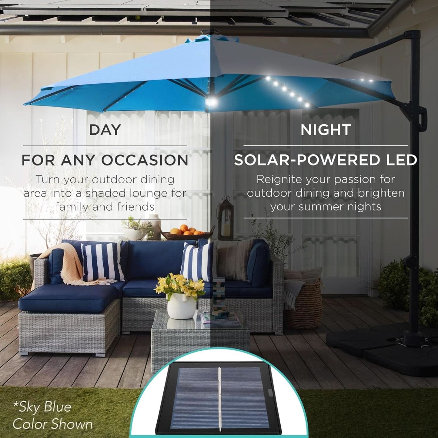 10Ft Solar LED Cantilever Patio Umbrella With 360 Degree Rotation And Integrated Lights-2